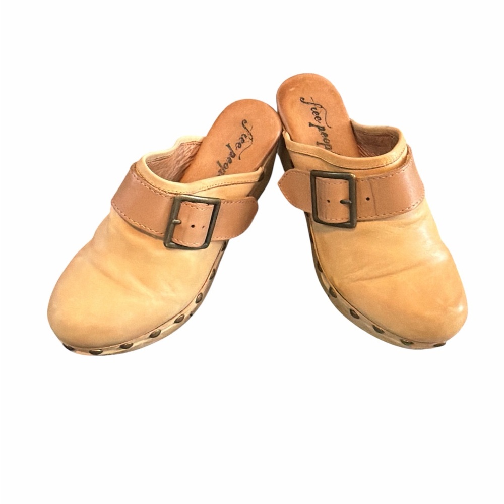 Free People Culver City Clog Mule Leather Studded Wooden Platform Light Academia - Picture 3 of 14